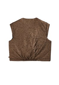 Bronzový krátký vest vhodný pro vrstvení, s krátkými rukávy, texturovaným povrchem, elastickým lemem a jemným leskem. Lehký materiál.