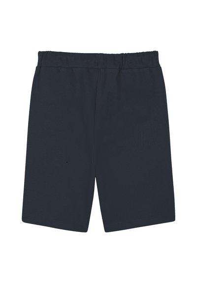 Marineblauwe katoenen shorts met een elastische tailleband, met een rechte snit en zonder zichtbare zakken of patronen op een gladde textuur.