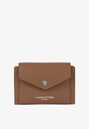 Brown textured leather wallet with a snap closure, triangular flap, and embossed logo detail. Compact rectangular shape.