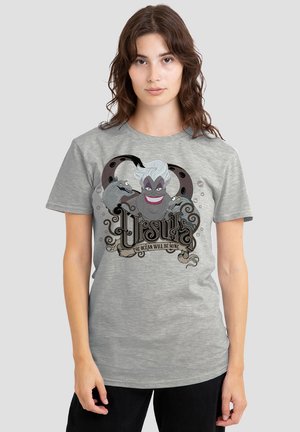 Gray cotton t-shirt featuring a graphic of an animated character with white hair, surrounded by dark accents and text: “Ursula, The Ocean Will Be Mine.”