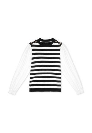 Black and white striped long-sleeve sweater with a solid black round neck and shoulder accents featuring decorative gold buttons.