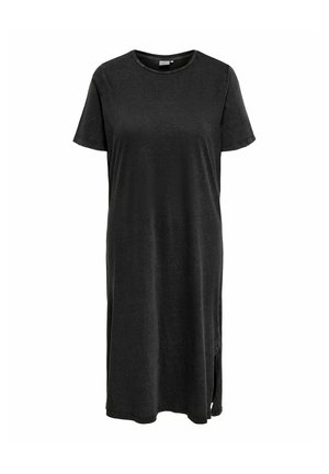 Robe décontractée noire longueur genou avec manches courtes, encolure ronde et petite fente latérale sur l'ourlet gauche.