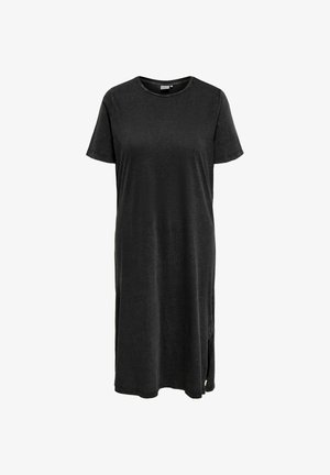Robe décontractée noire longueur genou avec manches courtes, encolure ronde et petite fente latérale sur l'ourlet gauche.