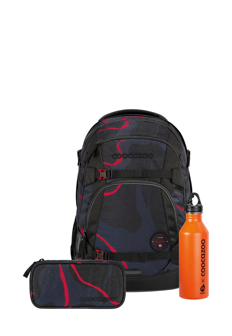 Backpack in black and blue fabric with red accents, alongside a matching pencil case and orange water bottle, all displaying the brand logo.