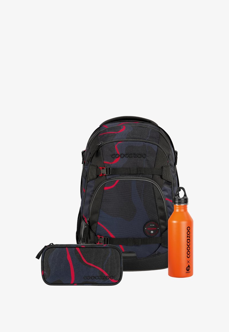 Backpack in black and blue fabric with red accents, alongside a matching pencil case and orange water bottle, all displaying the brand logo.
