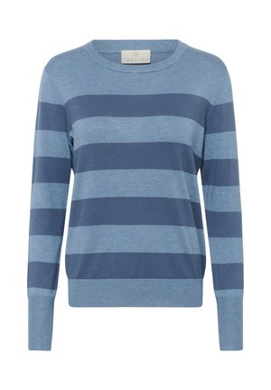 Pull rayé bleu en tissu doux. Présente des rayures horizontales bleu foncé et bleu clair, un col rond et des poignets côtelés.