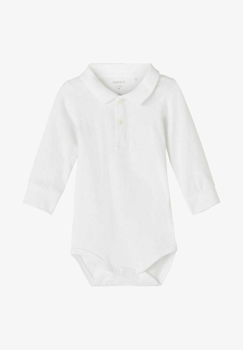 Ilgas rankovės baltas polo bodis, pagamintas iš minkštos medvilnės, su apykakle, mygtukų eile ir spaustukais apačioje, kad būtų lengva apsirengti.