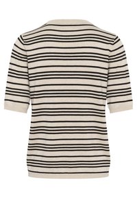 Top en tricot à manches courtes avec un fond crème et des rayures noires horizontales, un col rond et une coupe ample.