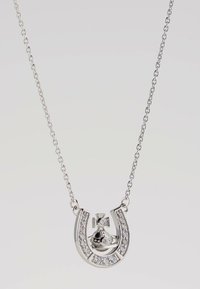 Ezüst nyaklánc patkó alakú medállal, apró kristályokkal díszítve, és egy részletes fémből készült korona charm a patkó belsejében.