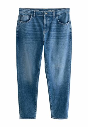 Blaue Jeans aus Denim mit regulärer Passform, ausgestattet mit fünf Taschen, einer Knopfverschluss und dezentem Ausbleichen des Materials.