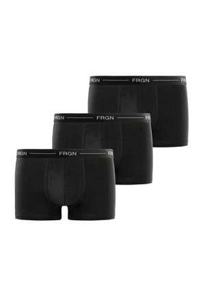 Boxer-briefs noirs, paquet de trois, fabriqués en tissu doux. Ceinture élastique avec le logo "FRGN". Design ajusté avec une texture lisse et sans motifs.