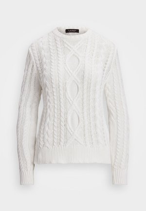 White knitted sweater featuring a cable pattern, round neckline, ribbed cuffs and hem, with a textured finish and diamond-shaped openings.