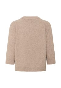 Bézs kötött pulóver puha tapintású anyagból, kerek nyakkivágással és háromnegyedes ujjakkal. Finom pöttyözött minta díszíti a szövetet.