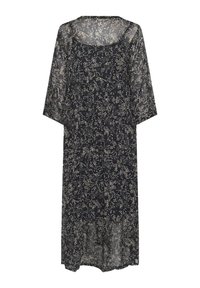Rochie lungă neagră cu motive florale, confecționată dintr-un material transparent, cu mâneci trei sferturi și un gât rotund, având un model delicat cu flori deschise.