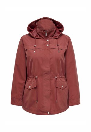 Red hooded jacket with a zip front, drawstring waist, and two front pockets. Smooth texture with silver hardware accents.