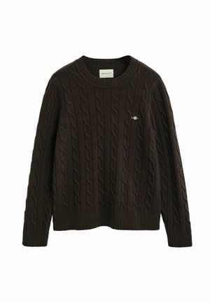 Brauner gestrickter Pullover mit Zopfmuster, geripptem Rundhalsausschnitt und Bündchen, mit kleinem Logo auf der Brust. Weicher Stoff, lässiges Design.
