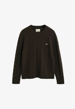 Brown knitted sweater with cable pattern, ribbed neckline and cuffs, features a small logo on the chest. Soft texture, casual design.