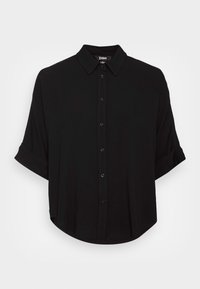 Camicia nera a maniche corte con colletto, orlo arrotondato e texture liscia. Presenta una chiusura a bottoni visibile e maniche arrotolate.