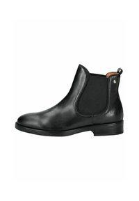 Bottines Chelsea en cuir noir avec des panneaux latéraux élastiques, bout rond et accents texturés. Elles sont dotées d'une languette et d'un petit talon bloc.