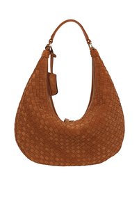 Braune Hobo-Tasche aus Wildleder mit gewebter Struktur, abgerundeter Form und einem einzelnen Schulterriemen mit Reißverschluss oben.