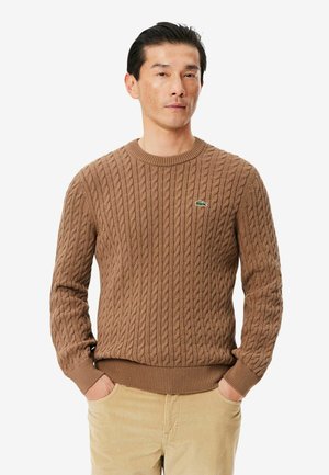 Homme portant un pull en maille torsadée marron avec un petit logo vert sur la poitrine et un pantalon en velours côtelé beige, debout les mains dans les poches.