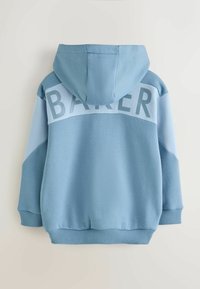 Hellblauer Kapuzenpullover mit gerippten Bündchen, auf der Rückseite mit einer großen "BAKER"-Grafik in einem etwas dunkleren Blauton.