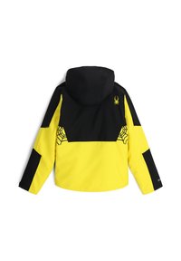 Gelbe und schwarze Kapuzenjacke mit einem Spinnenlogo, Netzmustern auf den Schultern und einem kontrastierenden Design mit glatter Textur.