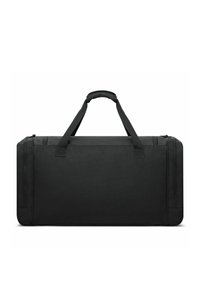 Borsa a duffel nera con due manici, forma rettangolare e tessuto resistente. Presenta una chiusura con zip e cuciture rinforzate lungo i bordi.