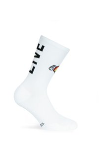 Białe skarpetki z czarnym napisem "LIVE", z kolorową grafiką jednorożca. Wykonane z elastycznego, gładkiego materiału z wzmocnionym palcem.