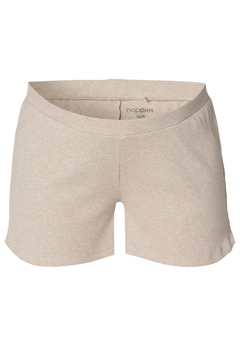 Beige Baumwollmischung-Shorts mit gerippter Textur, mittelhohem Bund und abgerundetem Saum, beschriftet mit dem Markennamen "noppies" und der Größe XS/S.