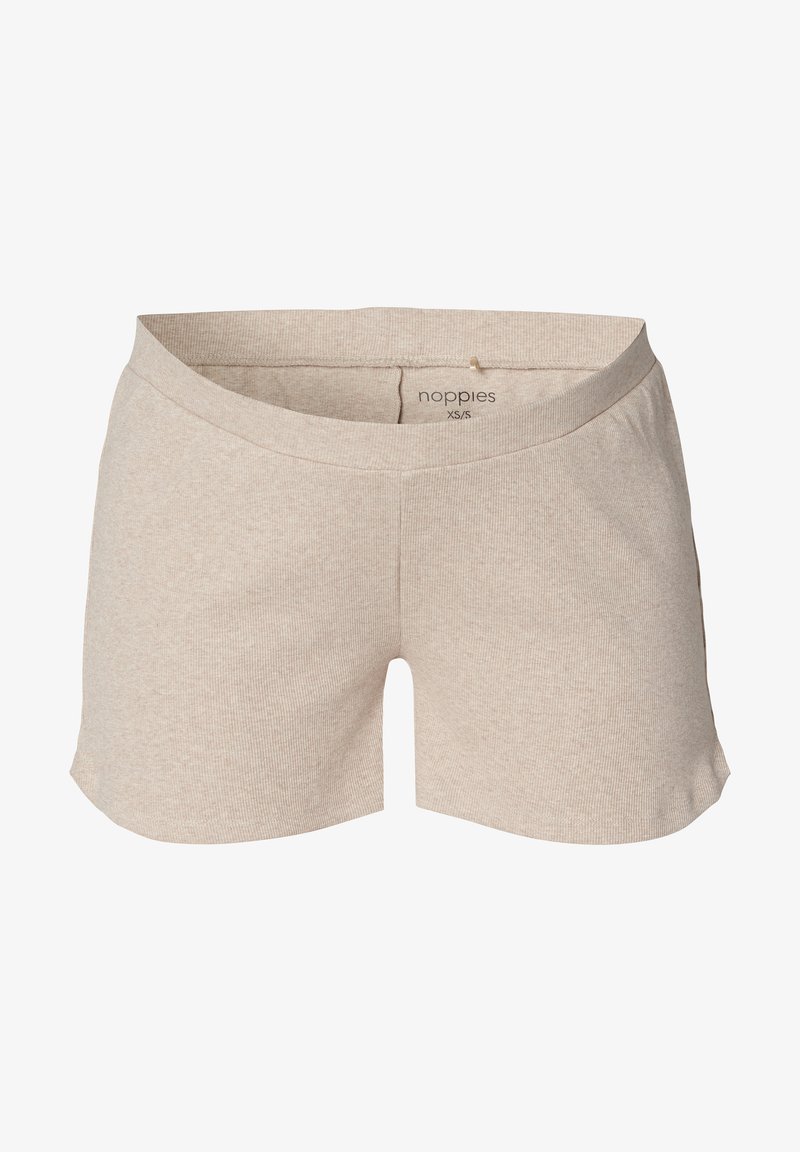 Beige Baumwollmischung-Shorts mit gerippter Textur, mittelhohem Bund und abgerundetem Saum, beschriftet mit dem Markennamen "noppies" und der Größe XS/S.