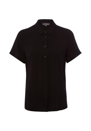 Czarna koszula z krótkim rękawem na guziki, z ostrym kołnierzykiem, pięcioma guzikami z przodu i prostym, prostym krojem.
