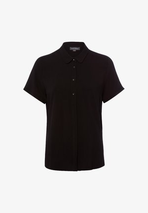 Zwart overhemd met korte mouwen en knopen, met een puntige kraag, vijf knopen aan de voorkant en een eenvoudige, rechte pasvorm.