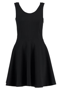 Schwarzes ärmelloses Kleid mit Rundhalsausschnitt und tailliertem Oberteil, das in einen A-Linien-Rock ausläuft, mit seitlichem Reißverschluss.