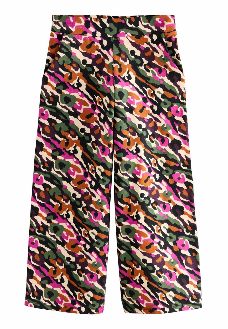 Weite Hose in einem lebhaften Tarnmuster mit Schattierungen von Pink, Grün, Braun und Creme. Hergestellt aus weichem, strukturiertem Stoff.