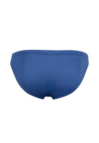 Blauwe bikinionderkant met een geribbelde textuur, met een laag uitgesneden ontwerp en gladde randen, geschikt voor zwemmen of strandkleding.