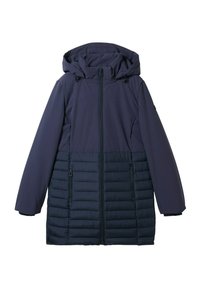 Granatowa kurtka z puchową dolną częścią, gładkim górnym materiałem, kapturem i dwoma zamykanymi na zamek kieszeniami z przodu. Lekka konstrukcja.