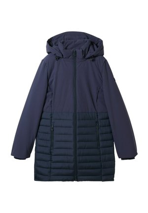 Jachetă bleumarin cu o secțiune inferioară umplută, material superior neted, glugă și două buzunare cu fermoar în față. Design ușor.