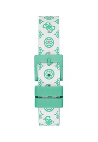 Digital klocka med ett vitt silikonband som har ett grönt geometriskt mönster och detaljer. Fyrkantig spänne i matchande grönt fulländar designen.