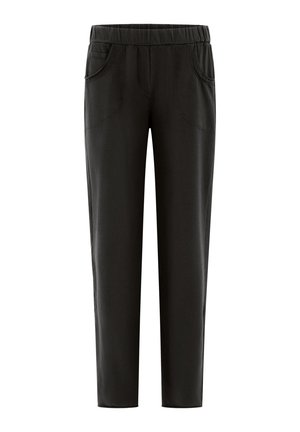 Black stretch pants with an elastic waistband, featuring side pockets and a tapered leg design. Smooth texture and simple stitching details.