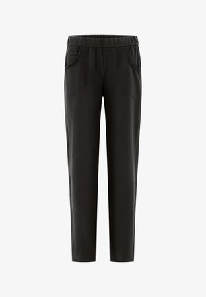 Pantaloni negri elastici cu talie elastică, prevăzuți cu buzunare laterale și design cu picior conic. Textură netedă și detalii simple de cusătură.