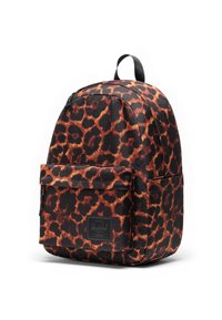 Sac à dos à imprimé léopard noir et orange avec une fermeture zippée sur le dessus, une poche avant, une forme incurvée, une texture en tissu et un détail de logo Herschel.