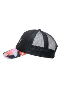 Black cap with a floral-patterned visor, mesh back, and a curved brim. Features contrasting colors and embroidered text at the front.