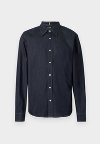 Granatowa, dżinsowa koszula z długim rękawem, z zaostrzonym kołnierzykiem i srebrnymi zatrzaskami z przodu, ozdobiona kontrastującymi szwami.