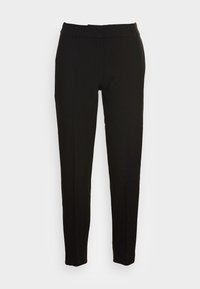 Czarne dopasowane spodnie o slim fit, z płaskim paskiem w talii i bez widocznych zdobień. Gładka tkanina z delikatnym połyskiem i prostym krojem nogawki.