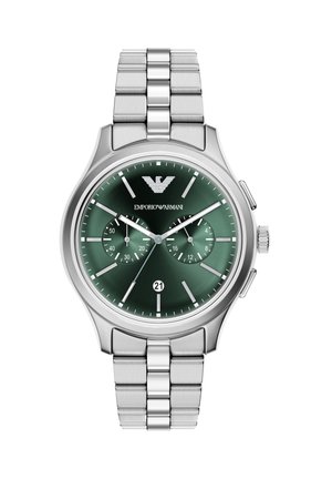 Edelstahluhr mit rundem grünem Zifferblatt, silbernen Akzenten, drei Unterzifferblättern und Datumsanzeige. Verfügt über ein Gliederarmbanddesign.