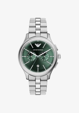 Zegarek ze stali nierdzewnej z okrągłą zieloną tarczą, srebrnymi akcentami, trzema subtarczą oraz wyświetlaczem daty. Posiada bransoletę z ogniw.