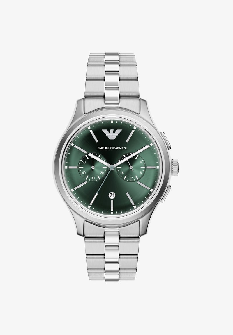 Montre en acier inoxydable avec un cadran circulaire vert, des accents argentés, trois sous-cadrans et un affichage de la date. Présente un design de bracelet à maillons.
