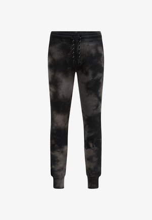 Schwarz-graue Batik-Jogginghose mit gerippten Bündchen und Bund, mit einem schwarz-weißen Kordelzug am Bund.