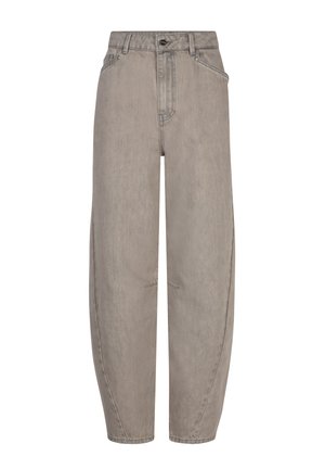 Lichtgrijze spijkerbroeken van denim met een losse pasvorm, een hoge taille, rechte pijpen en subtiel vervaagde details. Voorzien van voorzakken en een metalen knoopsluiting.